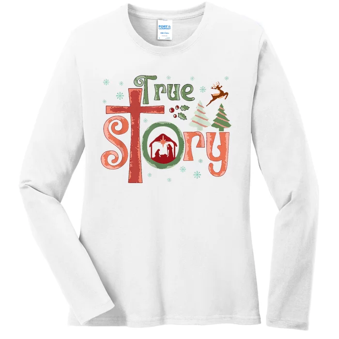 Retro True Story Jesus Christmas Nativity Scene Christian Ladies Long Sleeve Shirt