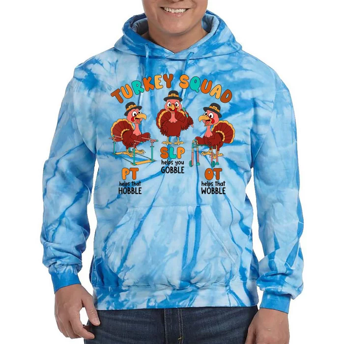 Retro Turkey Squad Thanksgiving Slp Ot Pt Therapy Team Tie Dye Hoodie