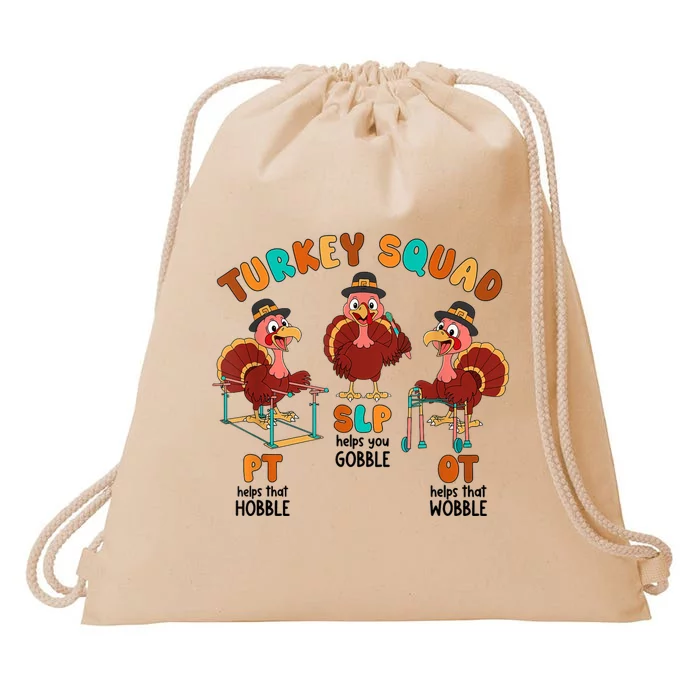 Retro Turkey Squad Thanksgiving Slp Ot Pt Therapy Team Drawstring Bag