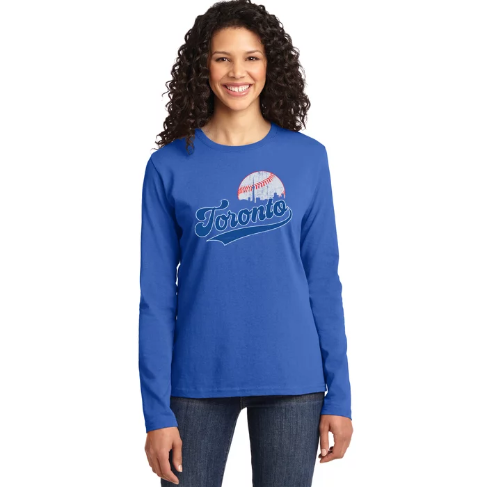 Retro Toronto Skyline Vintage Game Day Baseball Gift Ladies Long Sleeve Shirt