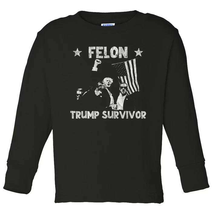 Retro Trump Survivor 2024 American Flag Trump Supporters Toddler Long Sleeve Shirt