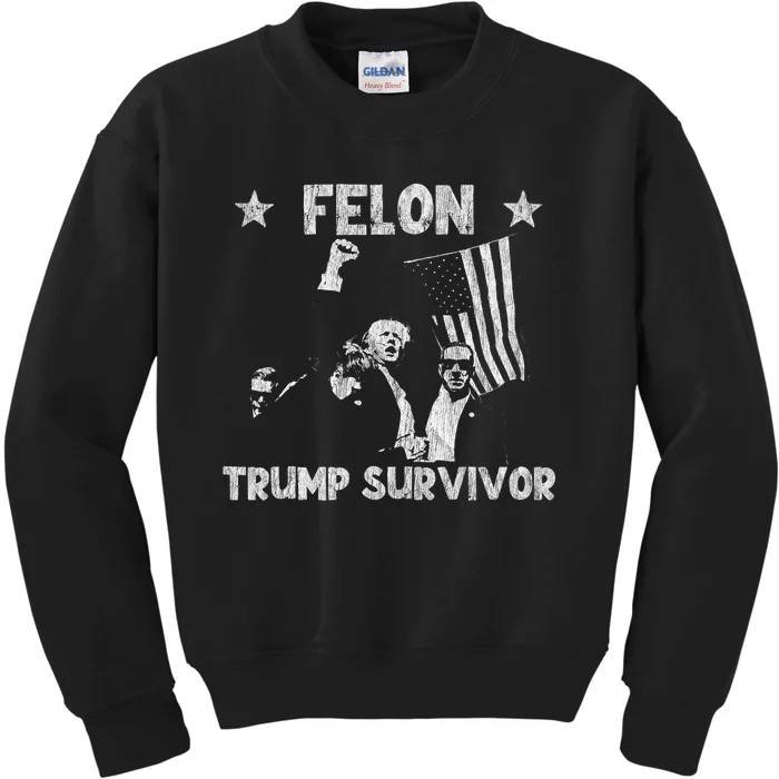 Retro Trump Survivor 2024 American Flag Trump Supporters Kids Sweatshirt