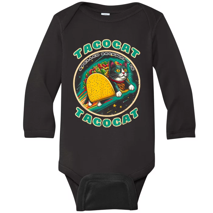 Retro Tacocat Spelled Backward Is Tacocat Funny Cat Baby Long Sleeve Bodysuit