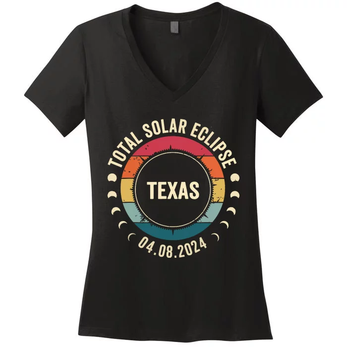 Retro Total Solar Eclipse April 8 2024 State Texas 40824 Women's V-Neck T-Shirt