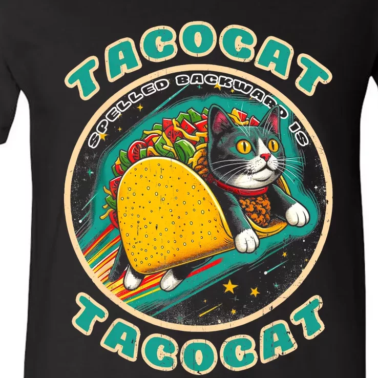 Retro Tacocat Spelled Backward Is Tacocat Funny Cat V-Neck T-Shirt