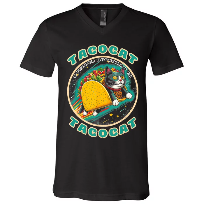 Retro Tacocat Spelled Backward Is Tacocat Funny Cat V-Neck T-Shirt