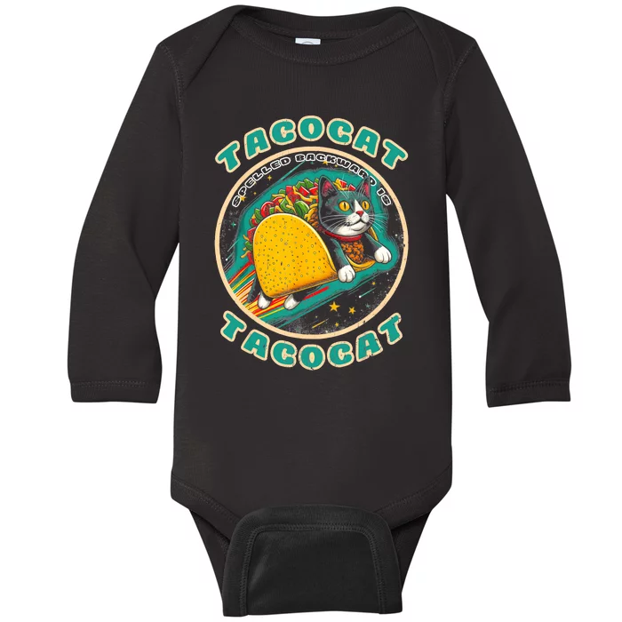 Retro Tacocat Spelled Backward Is Tacocat Funny Cat Baby Long Sleeve Bodysuit