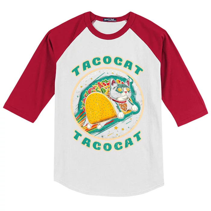 Retro Tacocat Spelled Backward Is Tacocat Funny Cat Kids Colorblock Raglan Jersey