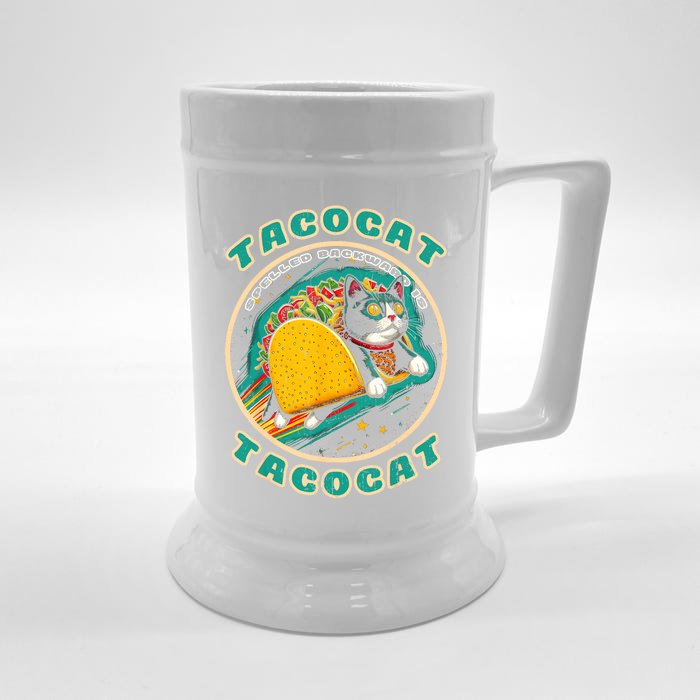 Retro Tacocat Spelled Backward Is Tacocat Funny Cat Front & Back Beer Stein