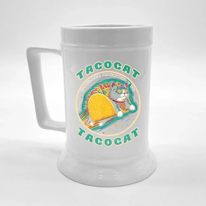 Retro Tacocat Spelled Backward Is Tacocat Funny Cat Front & Back Beer Stein