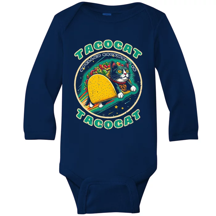 Retro Tacocat Spelled Backward Is Tacocat Funny Cat Baby Long Sleeve Bodysuit