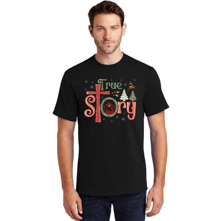 Retro True Story Jesus Christmas Nativity Scene Christian Tall T-Shirt