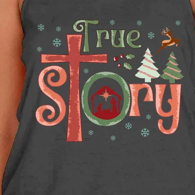 Retro True Story Jesus Christmas Nativity Scene Christian Women's Knotted Racerback Tank