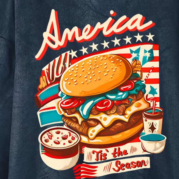 Retro Tis The Season Hamburger America 4th Of July Patriotic Great Gift Hooded Wearable Blanket