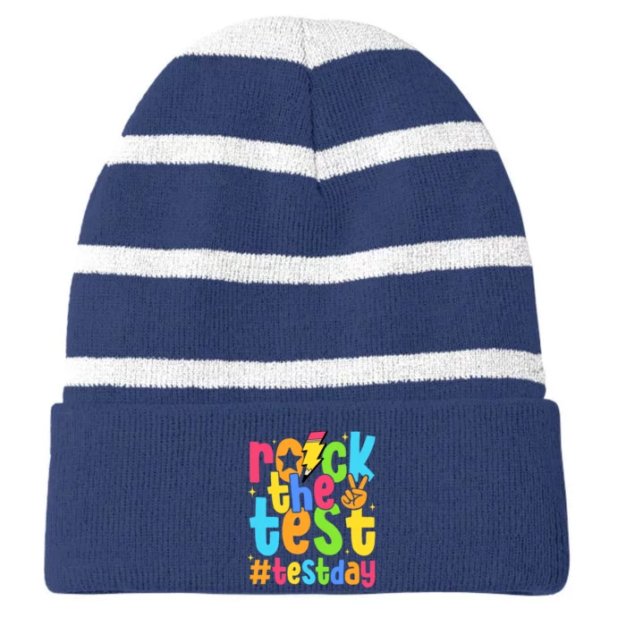 Rock The Test Testing Day Motivational Teacher Student Striped Beanie with Solid Band