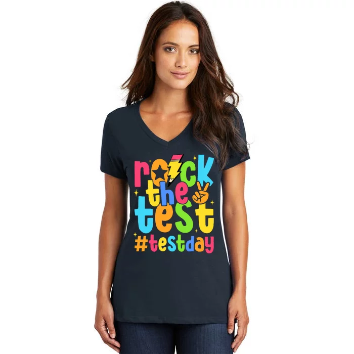 Rock The Test Testing Day Motivational Teacher Student Women's V-Neck T-Shirt