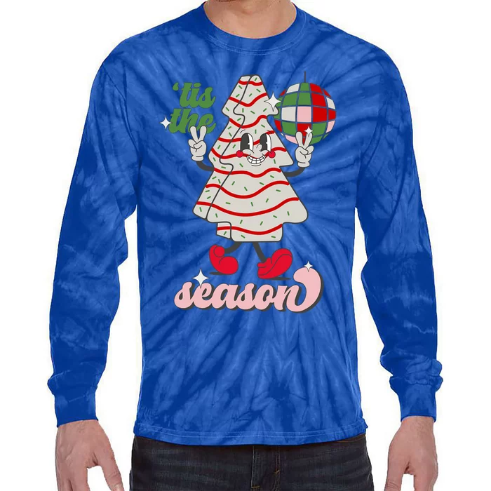 Retro Tis The Season Christmas Tree Cake Funny Xmas Costume Gift Tie-Dye Long Sleeve Shirt