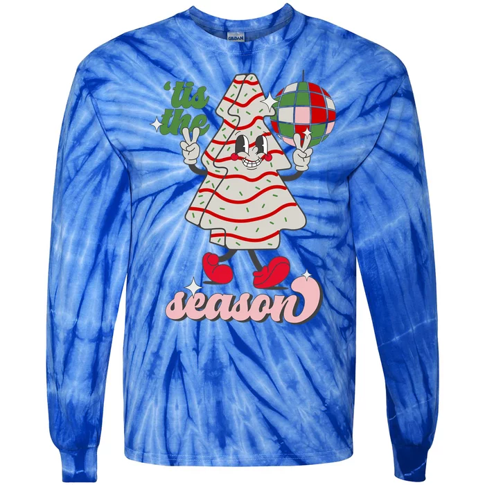 Retro Tis The Season Christmas Tree Cake Funny Xmas Costume Gift Tie-Dye Long Sleeve Shirt