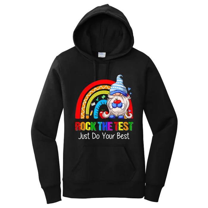 Rock The Test Funny Teacher Testing Day Rainbow Gnomes Women's Pullover Hoodie