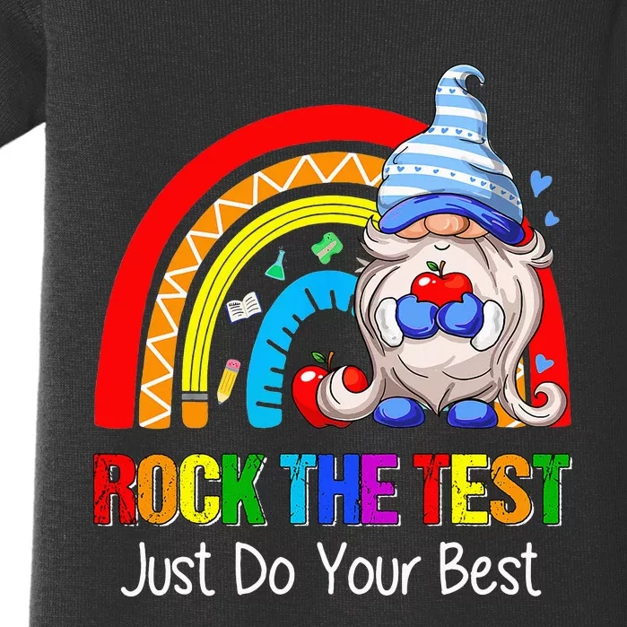 Rock The Test Funny Teacher Testing Day Rainbow Gnomes Baby Bodysuit