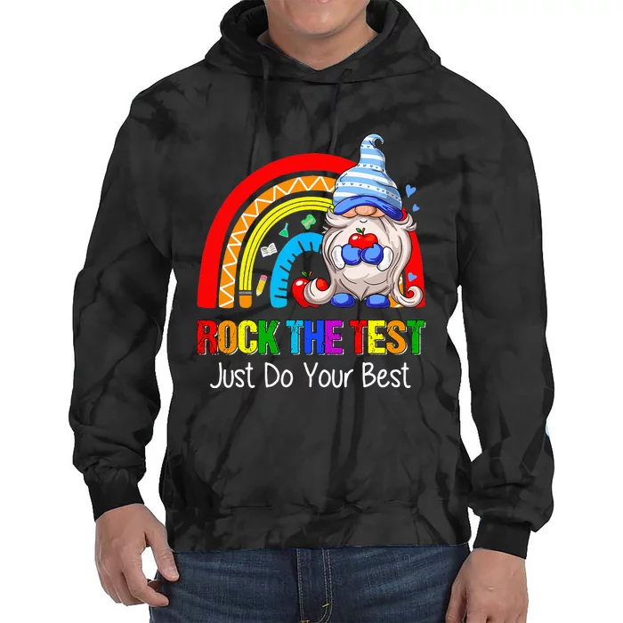 Rock The Test Funny Teacher Testing Day Rainbow Gnomes Tie Dye Hoodie