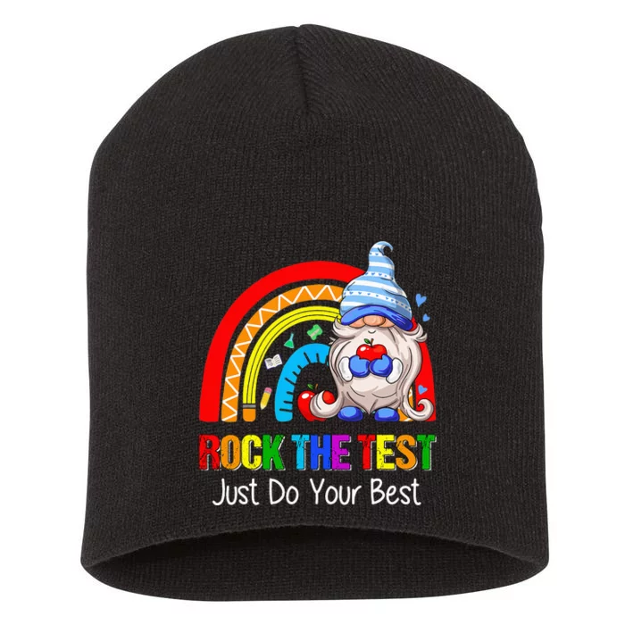 Rock The Test Funny Teacher Testing Day Rainbow Gnomes Short Acrylic Beanie