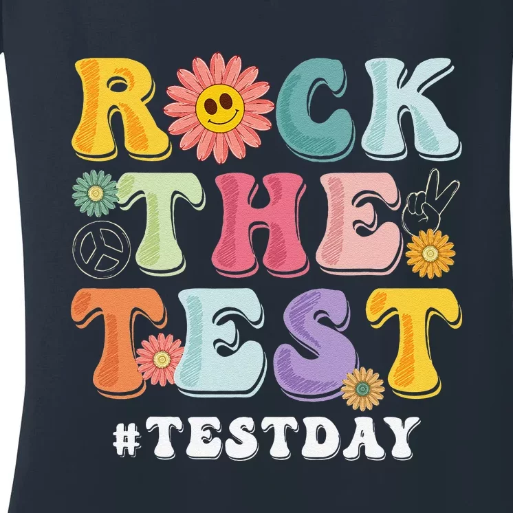 Rock The Test Testing Day Groovy Motivational Teacher Women's V-Neck T-Shirt