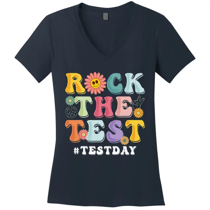 Rock The Test Testing Day Groovy Motivational Teacher Women's V-Neck T-Shirt