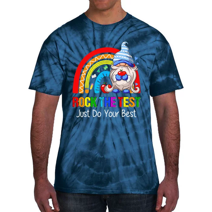 Rock The Test Funny Teacher Testing Day Rainbow Gnomes Tie-Dye T-Shirt