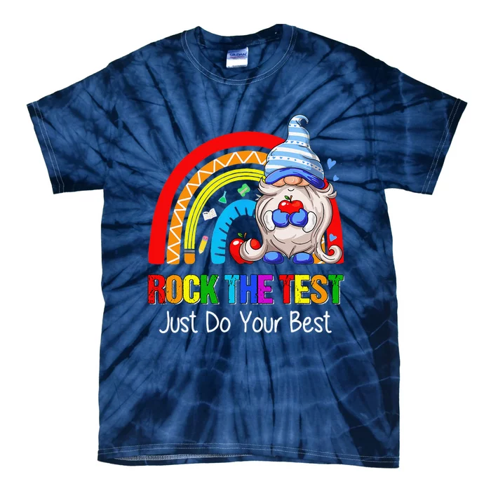 Rock The Test Funny Teacher Testing Day Rainbow Gnomes Tie-Dye T-Shirt