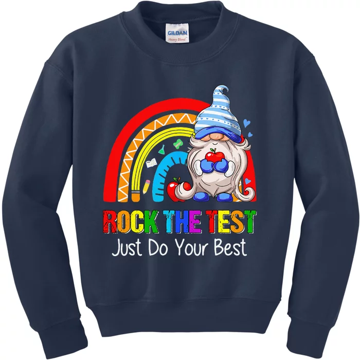 Rock The Test Funny Teacher Testing Day Rainbow Gnomes Kids Sweatshirt