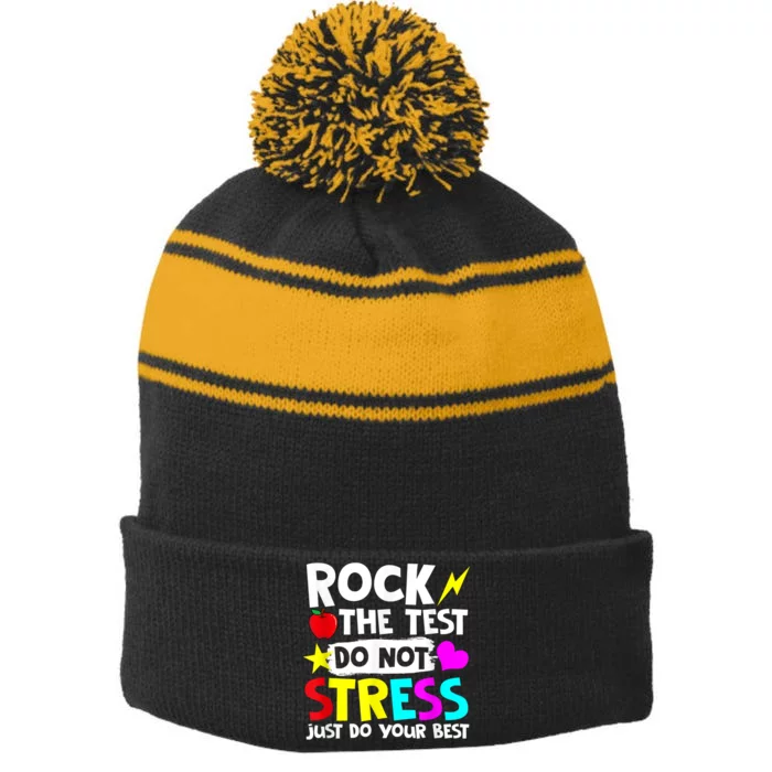 Rock The Test Dont Stress Just Do Your Best Testing Day Stripe Pom Pom Beanie