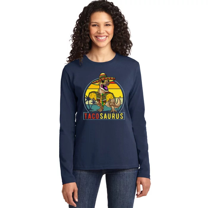 Retro Tacosaurus Taco Dinosaur T Rex Funny Cinco De Mayo Ladies Long Sleeve Shirt