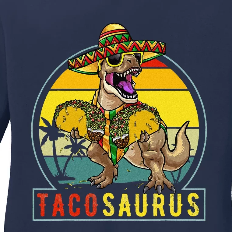 Retro Tacosaurus Taco Dinosaur T Rex Funny Cinco De Mayo Ladies Long Sleeve Shirt