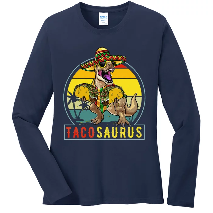 Retro Tacosaurus Taco Dinosaur T Rex Funny Cinco De Mayo Ladies Long Sleeve Shirt