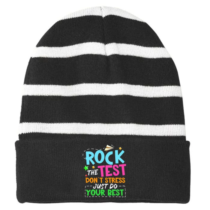 Rock The Test Don't Stress Just Do Your Best Teacher Striped Beanie with Solid Band