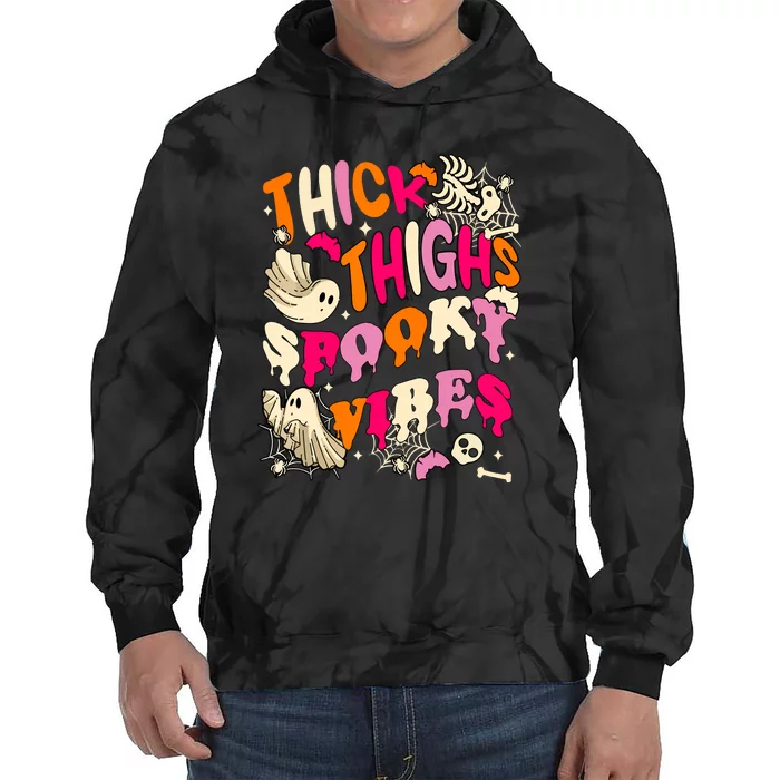 Retro Thick Thighs Spooky Vibe Groovy Witchy Halloween Costume Gift Tie Dye Hoodie