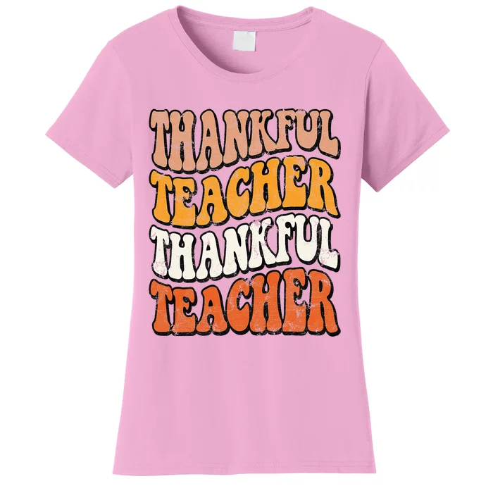 Retro Thankful Teacher Fall Thanksgiving Elementary Teacher Women's T-Shirt