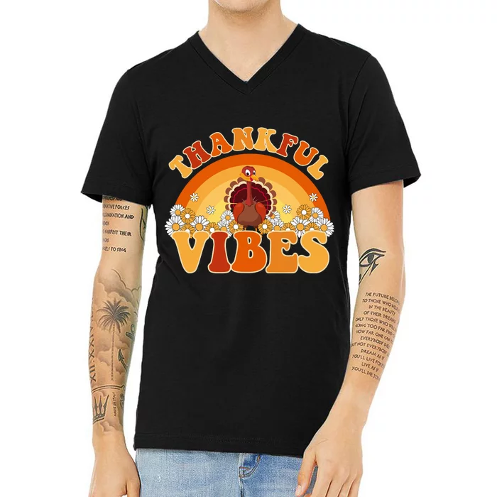 Retro Thanksgiving Thankful Vibes Turkey Sunset V-Neck T-Shirt