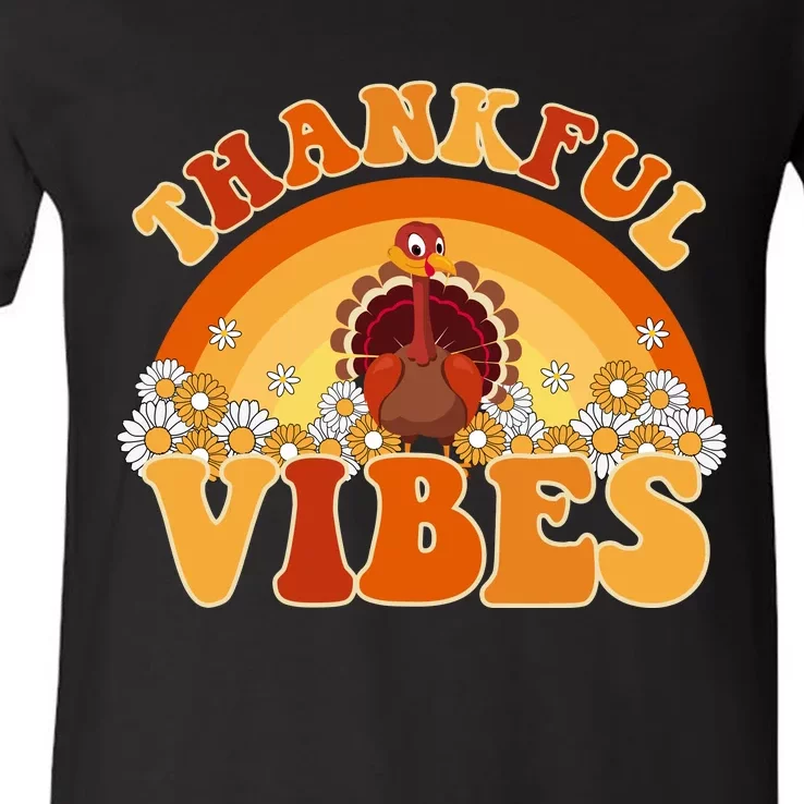 Retro Thanksgiving Thankful Vibes Turkey Sunset V-Neck T-Shirt