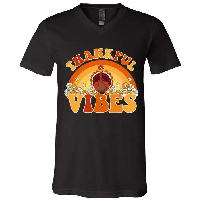 Retro Thanksgiving Thankful Vibes Turkey Sunset V-Neck T-Shirt