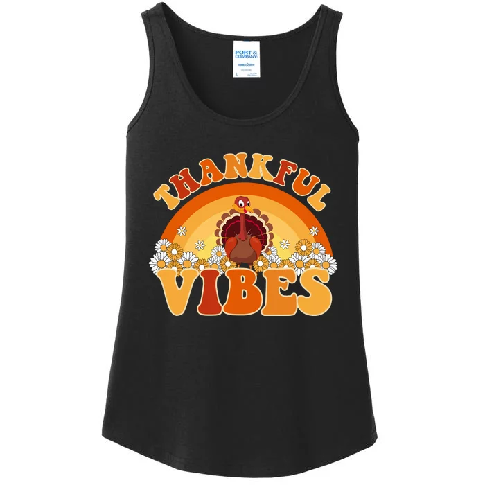 Retro Thanksgiving Thankful Vibes Turkey Sunset Ladies Essential Tank