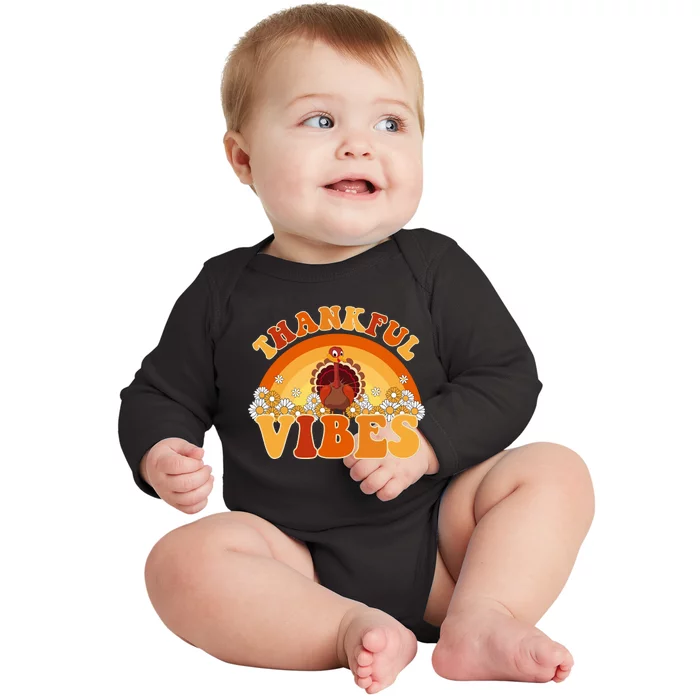 Retro Thanksgiving Thankful Vibes Turkey Sunset Baby Long Sleeve Bodysuit