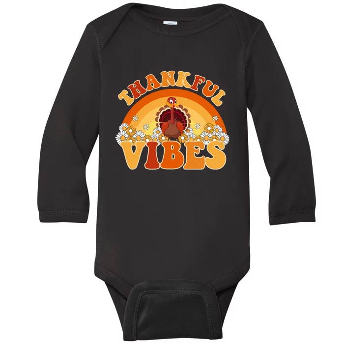 Retro Thanksgiving Thankful Vibes Turkey Sunset Baby Long Sleeve Bodysuit