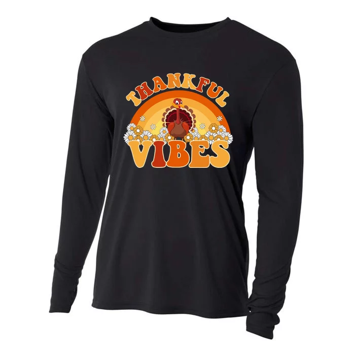 Retro Thanksgiving Thankful Vibes Turkey Sunset Cooling Performance Long Sleeve Crew