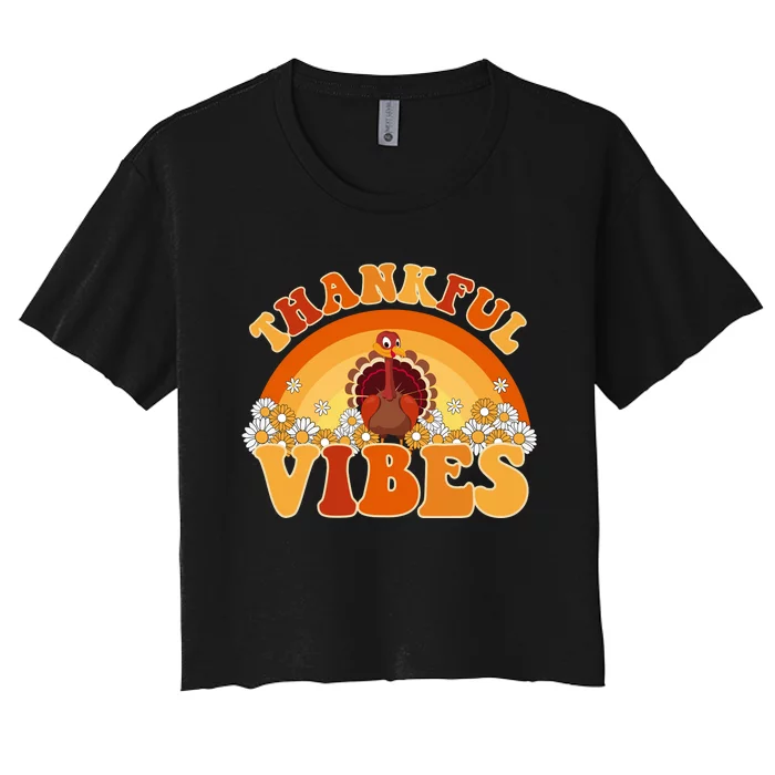 Retro Thanksgiving Thankful Vibes Turkey Sunset Women's Crop Top Tee