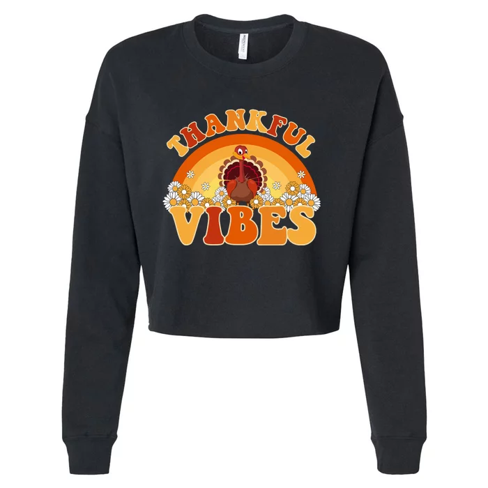 Retro Thanksgiving Thankful Vibes Turkey Sunset Cropped Pullover Crew