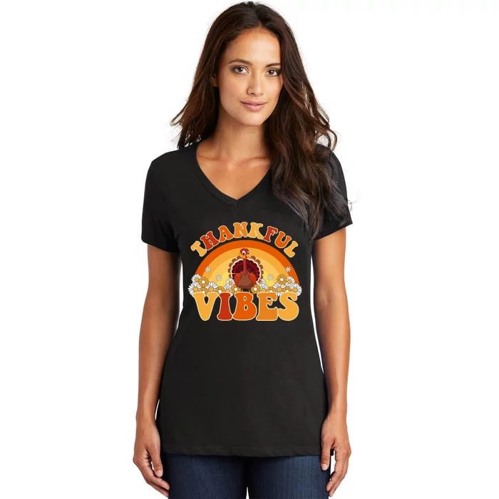 Retro Thanksgiving Thankful Vibes Turkey Sunset Women's V-Neck T-Shirt