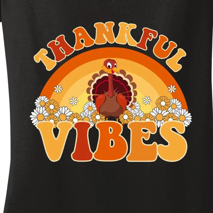 Retro Thanksgiving Thankful Vibes Turkey Sunset Women's V-Neck T-Shirt