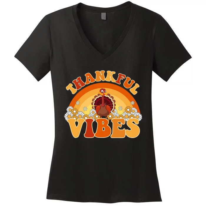 Retro Thanksgiving Thankful Vibes Turkey Sunset Women's V-Neck T-Shirt